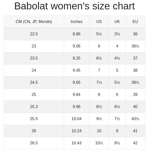 Babolat women's size chart