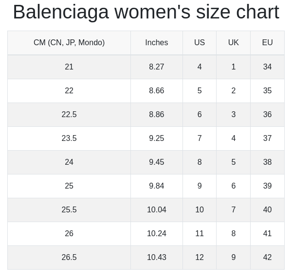 Balenciaga women's size chart