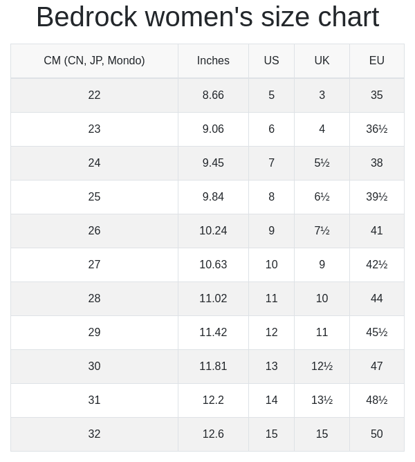 Bedrock women's size chart