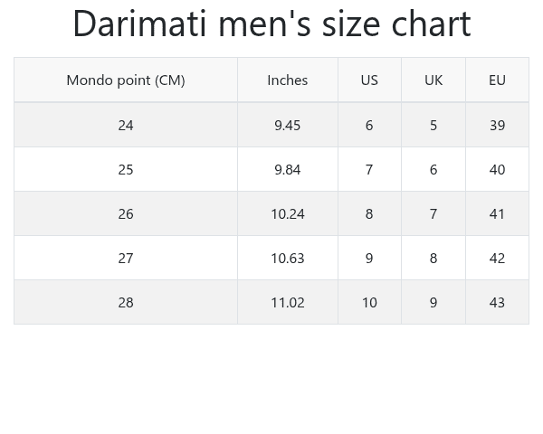 Darimati men's size chart
