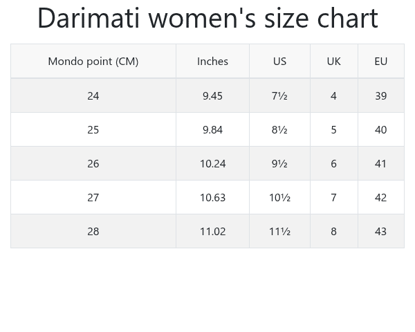 Darimati women's size chart