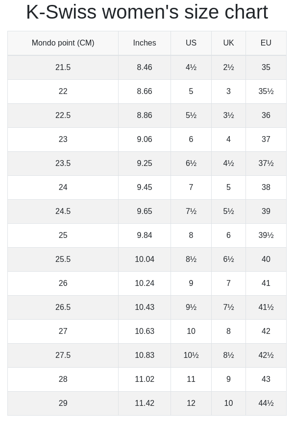 K Swiss Men s And Women s Size Chart RunRepeat
