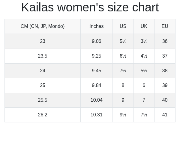 Kailas women's size chart