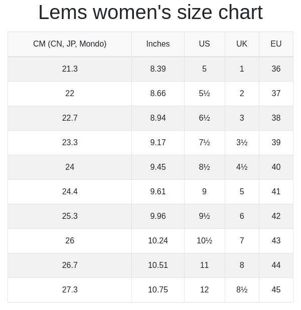Lems women's size chart