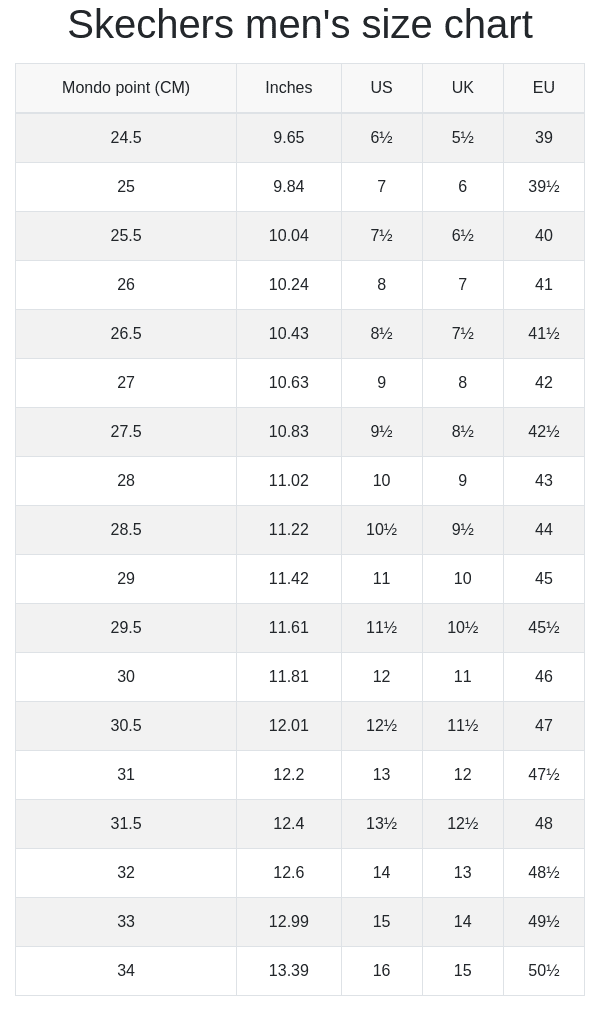 skechers usa size chart