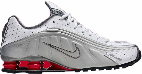 nike shox r4 white metallic silver & red