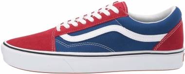 red and blue old skool vans