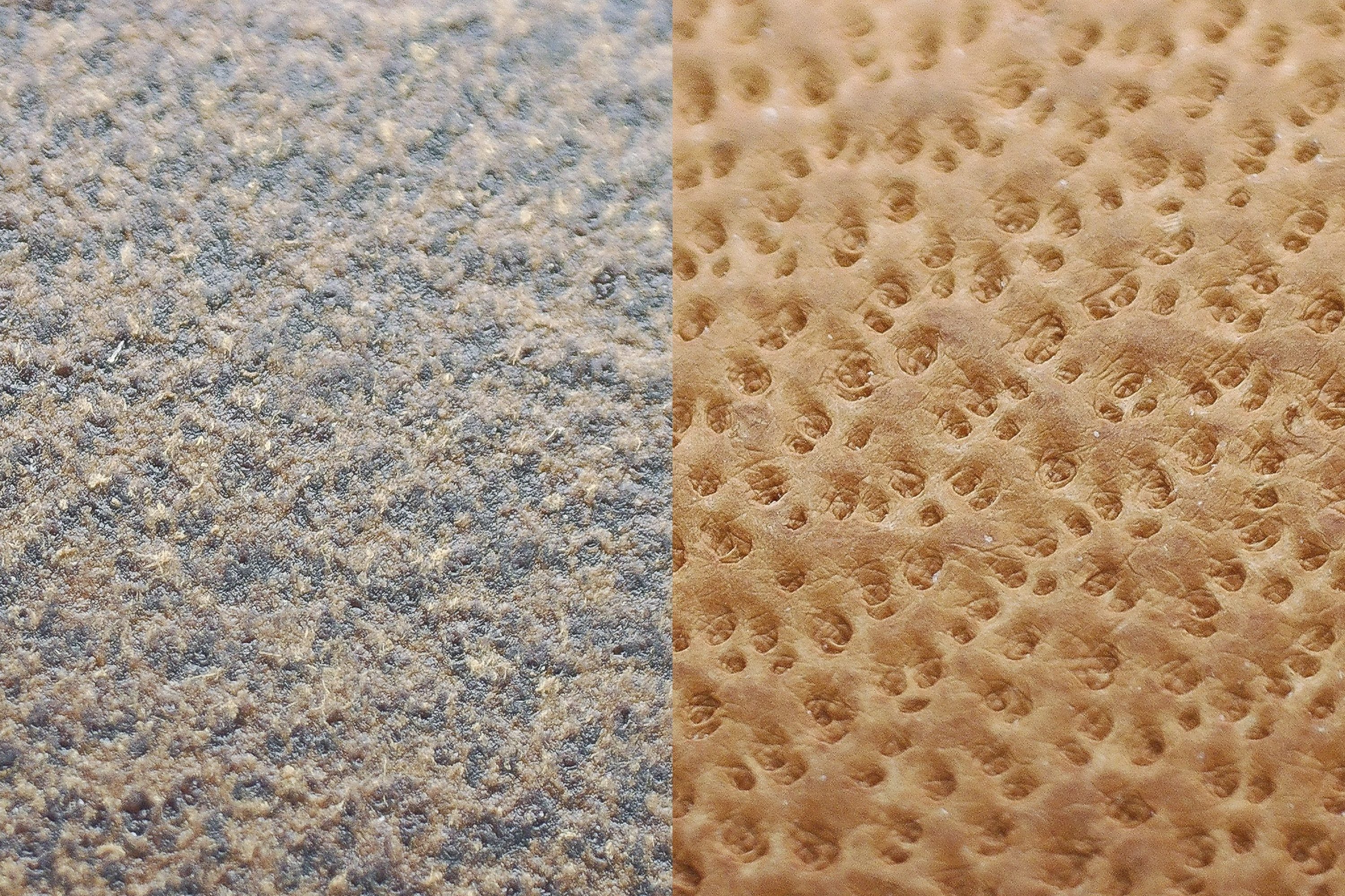 Real leather uppers of hiking boots under the microscope