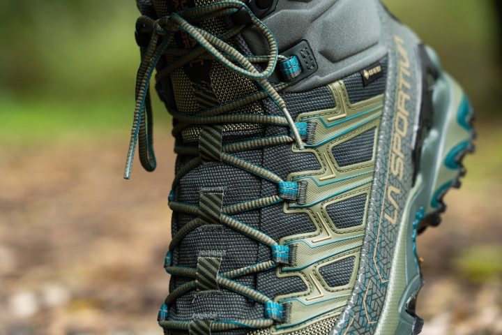 Fit of a hiking boot laces closeup