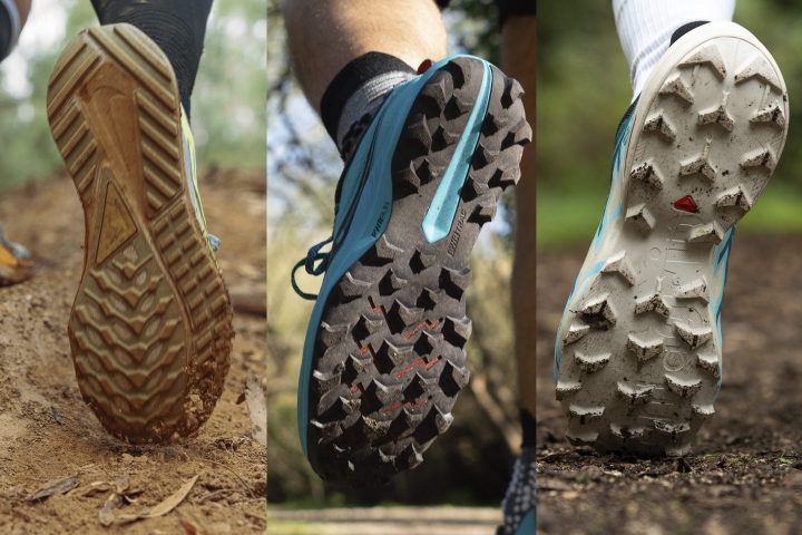 3 different thread patterns on trail running outsoles
