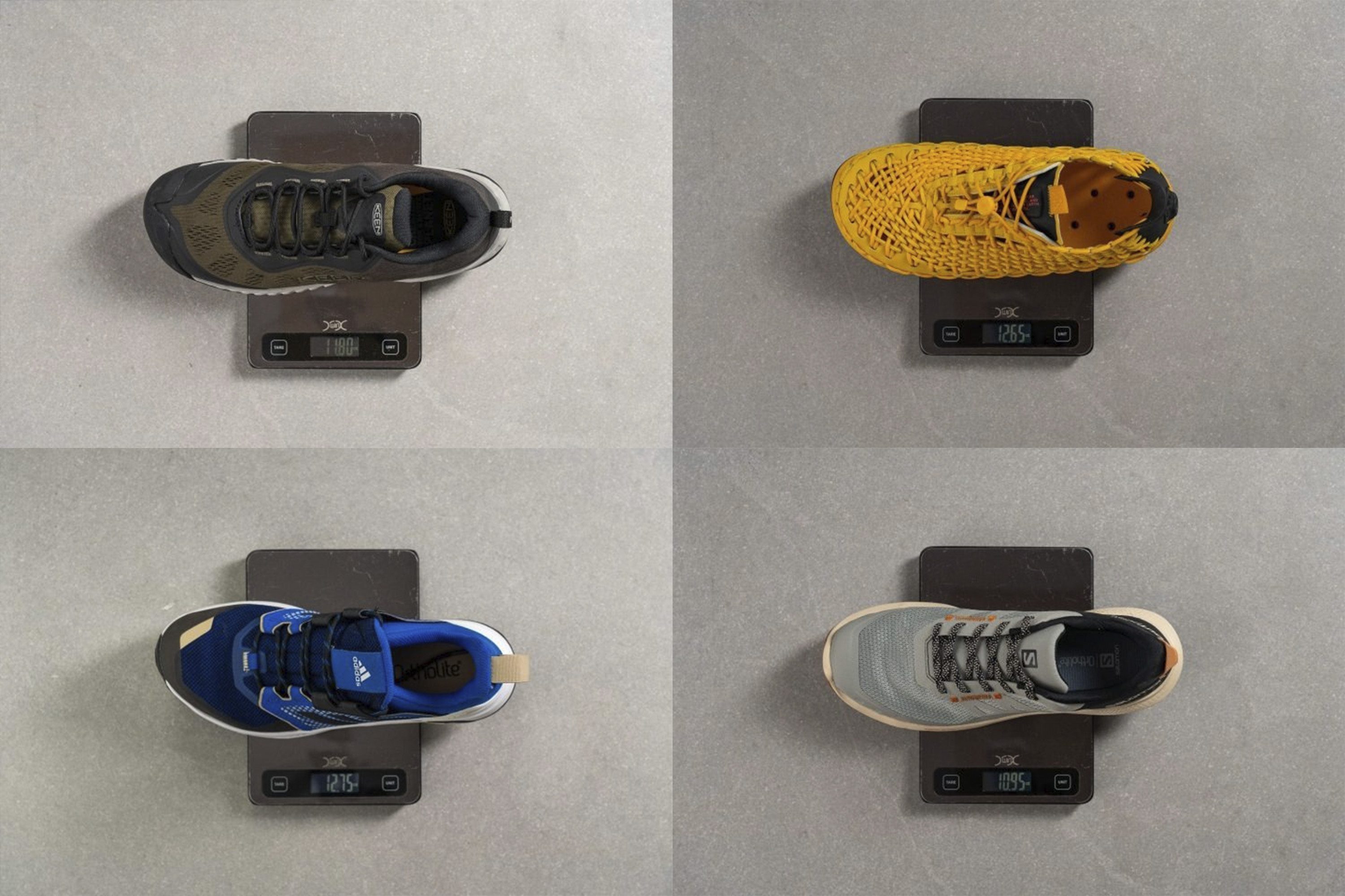 Measuring the weight of different hiking shoes on a scale in RunRepeat lab