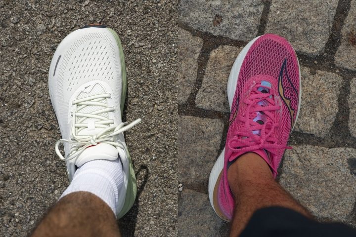 Foot shaped vs non foot shaped running shoe on feet