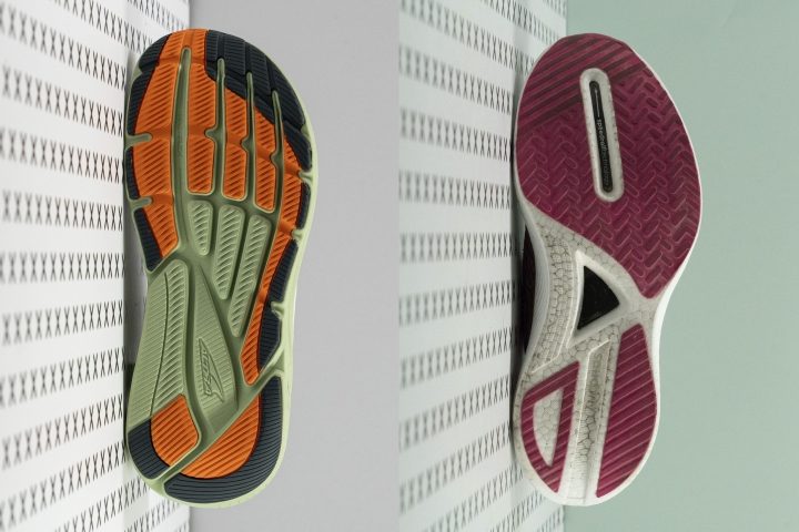 Outsoles of foot shaped and non foot shaped running shoes