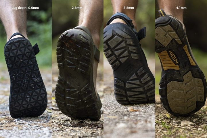 Different lug depths in hiking sandals