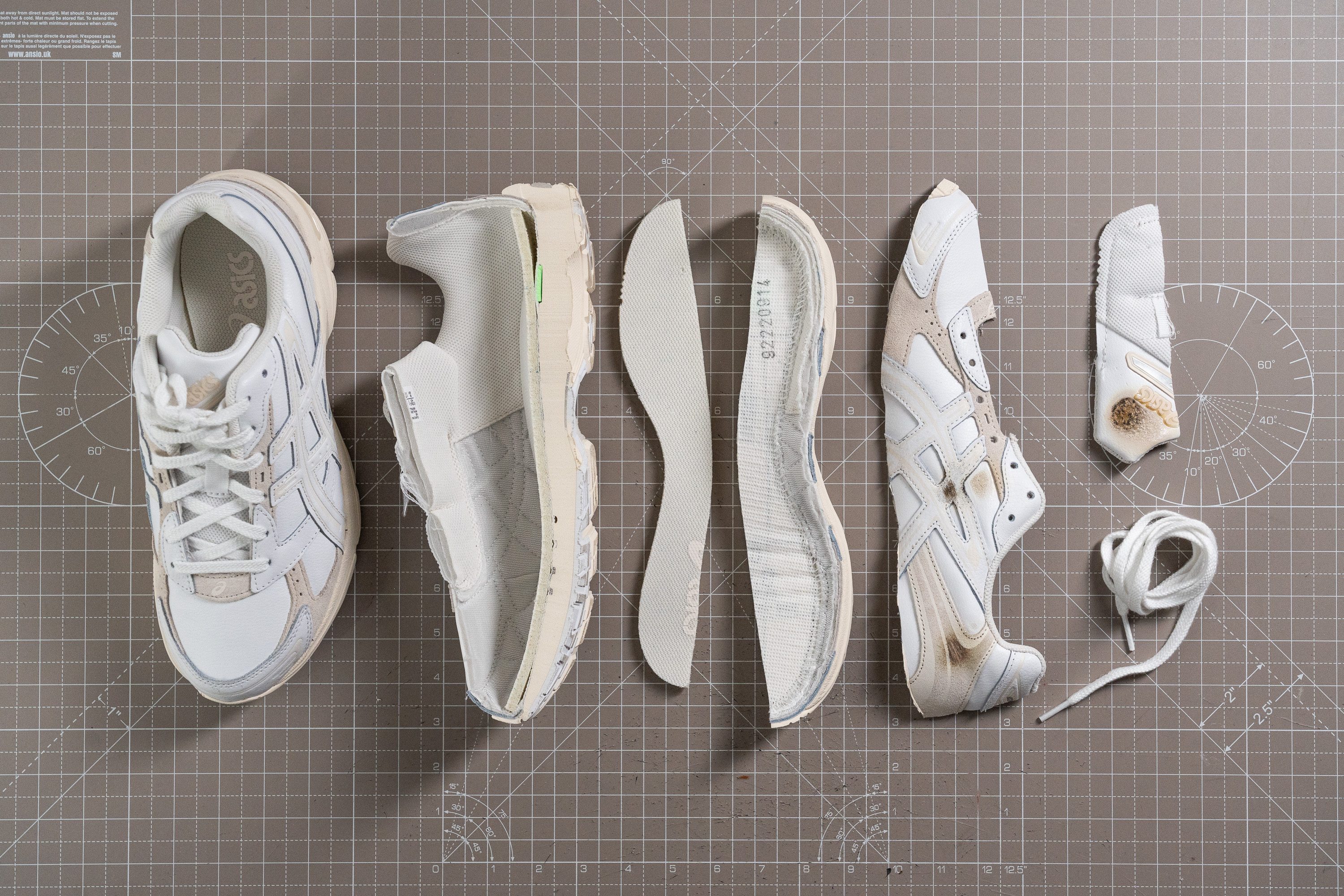 asics sneakers cut into pieces during lab testing