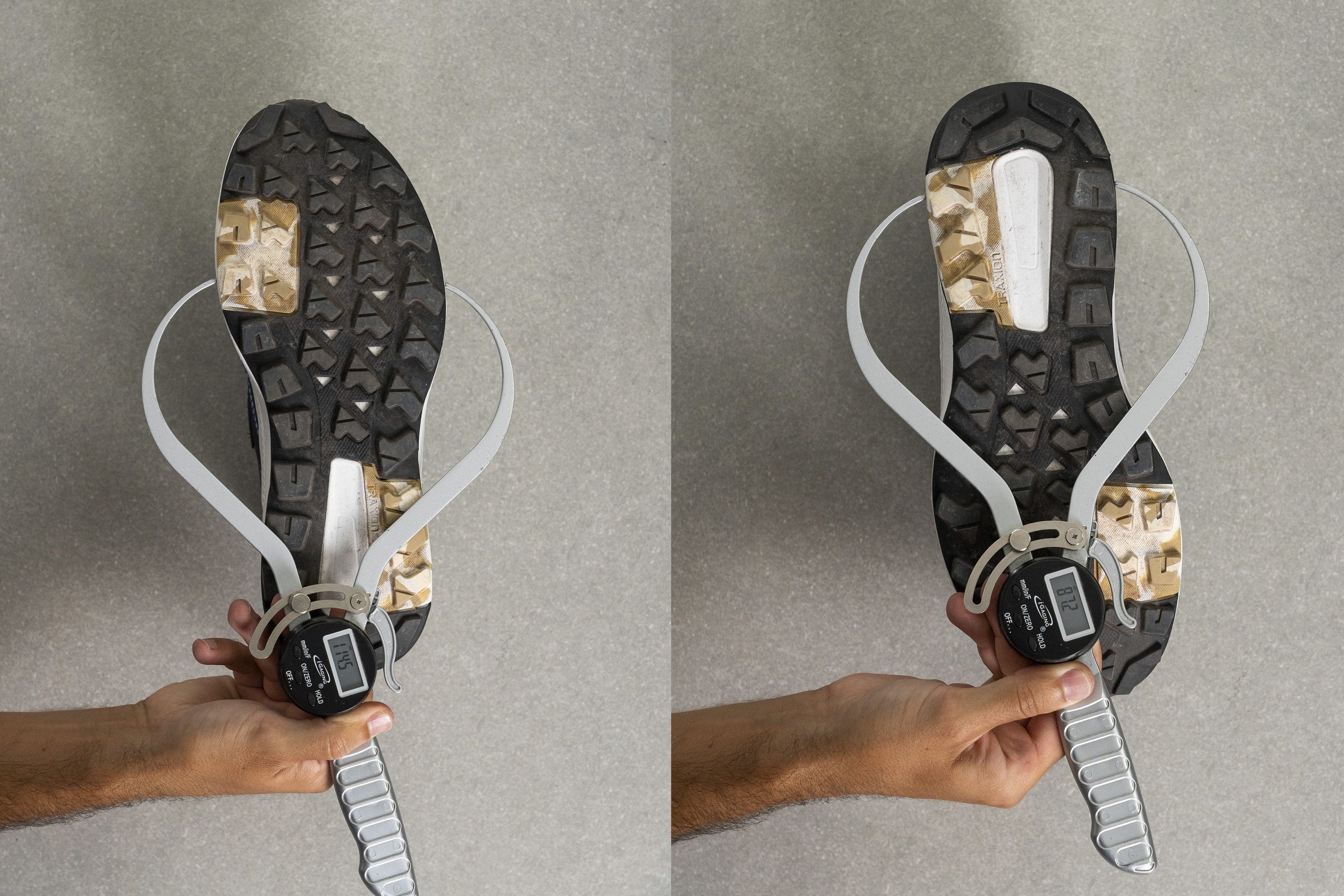 measuring the width of the base in backpacking shoes