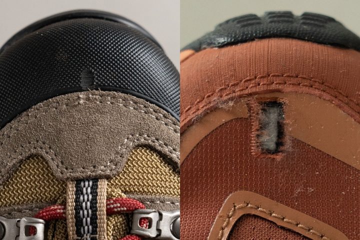 different toebox damages on the upper of lightweight hiking boots