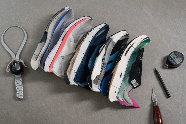 Stacked halves of running shoes