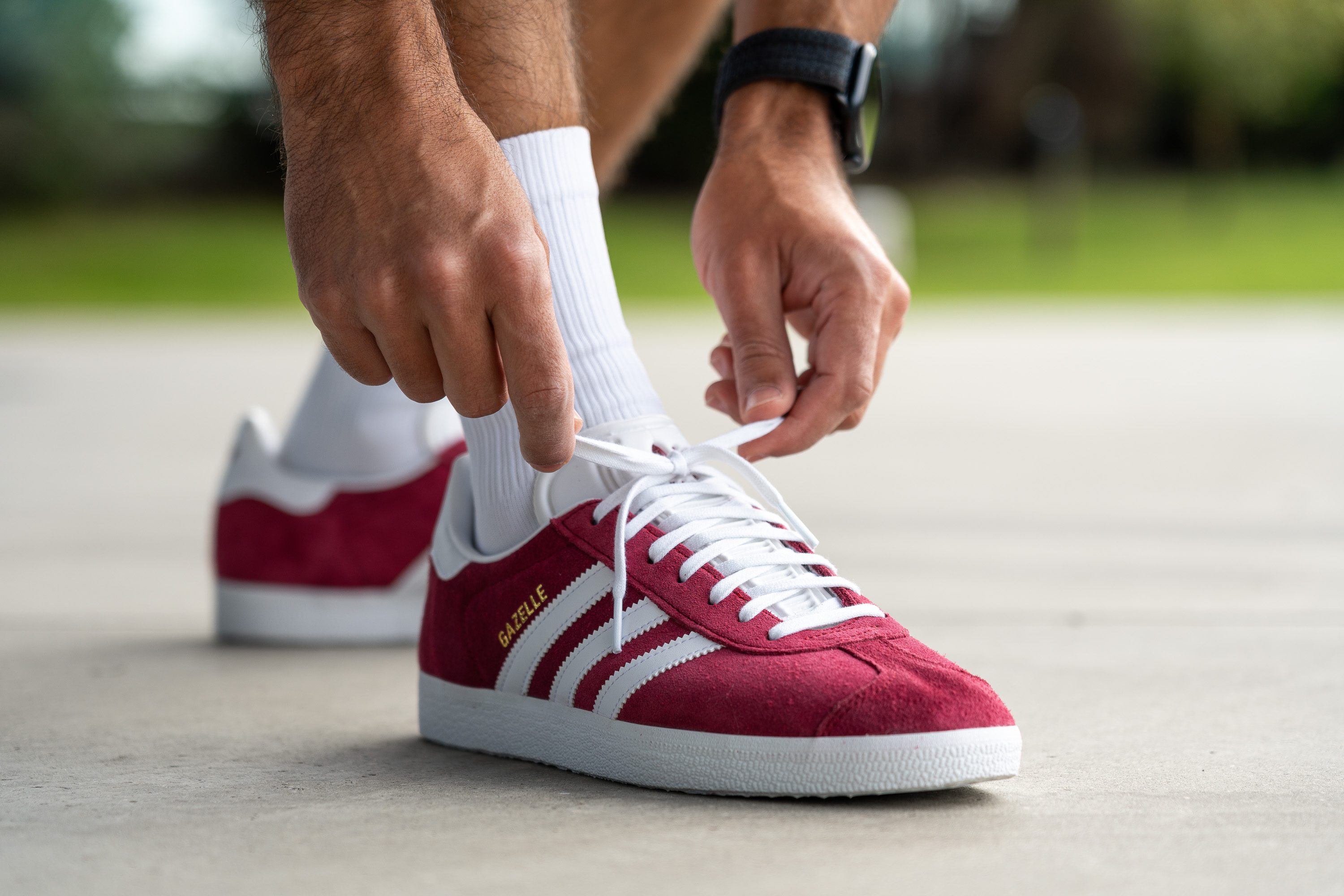 Adidas gazelle red on feet best sale