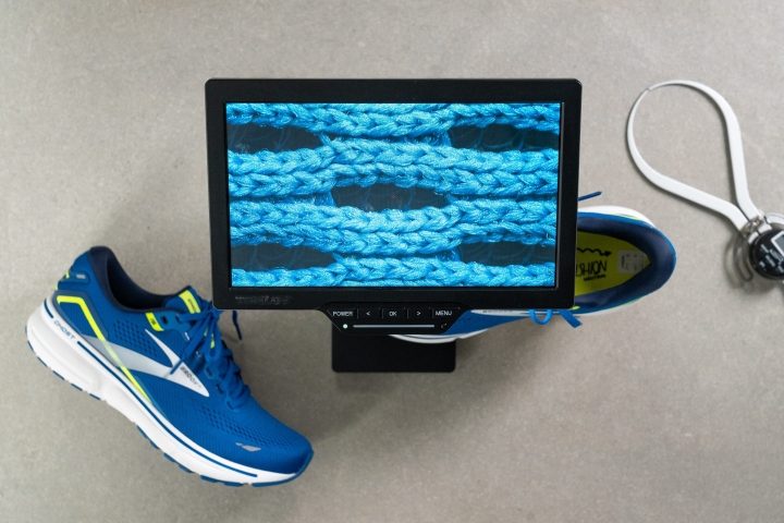 a Brooks stability shoe with the guide rails system microscope